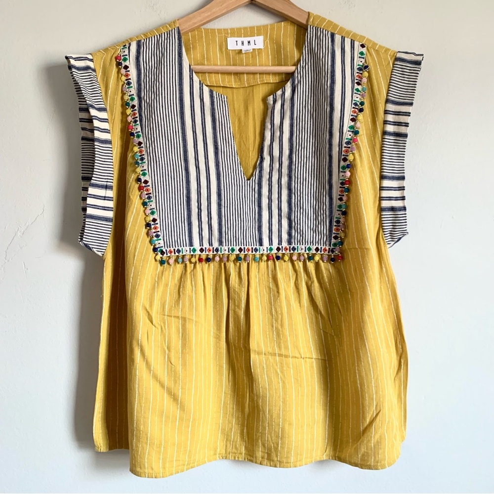 THML Yellow Beaded Stripes Boho Casual Top